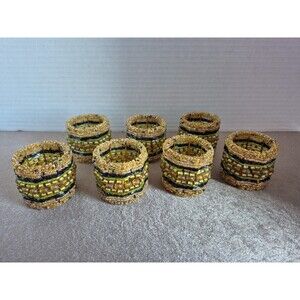 Vintage Colorful Beaded Napkin Rings Set Of 7 Brown, Black And Green